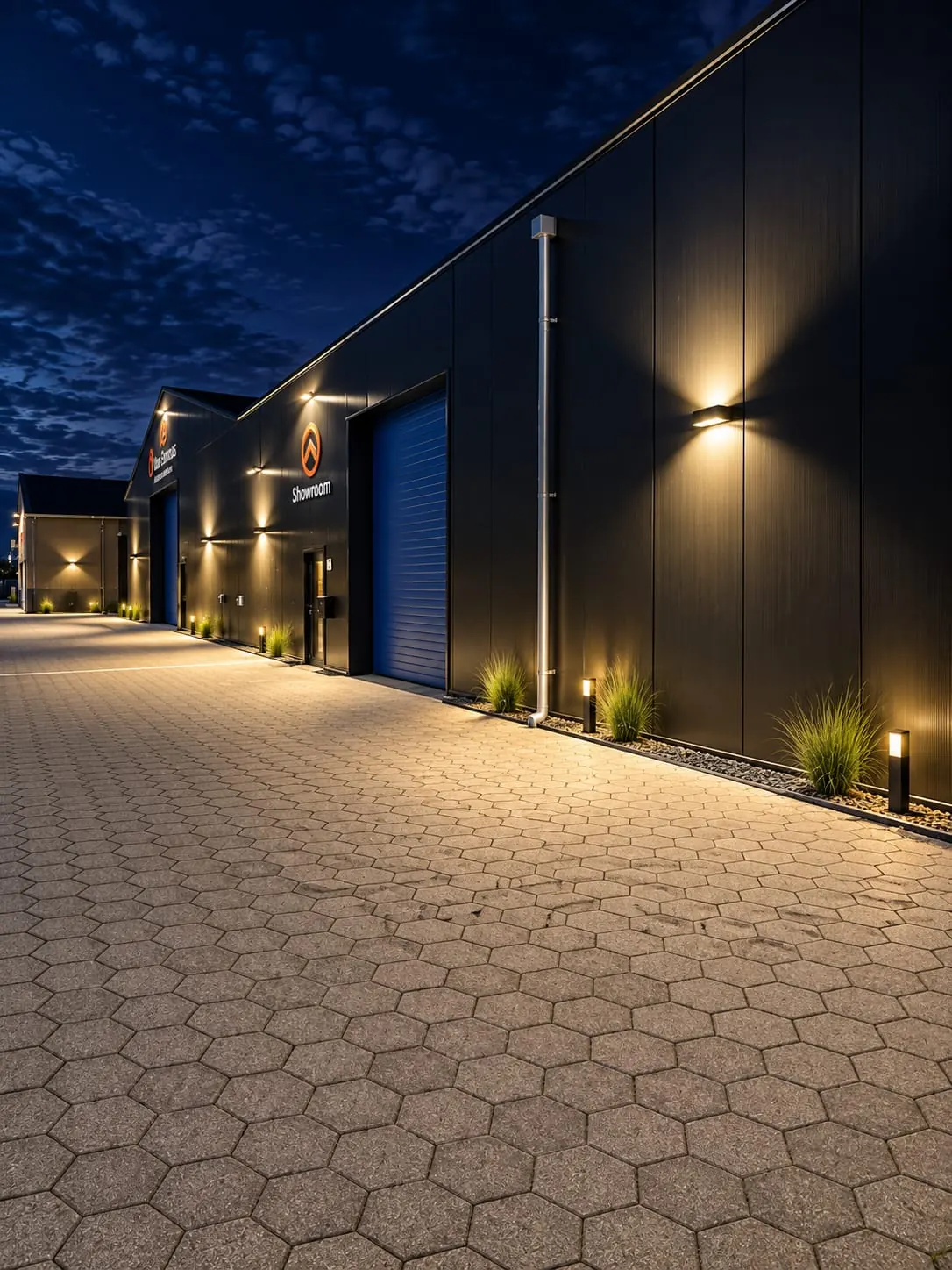 Verlichte showroomgevel met buitenverlichting in de avond